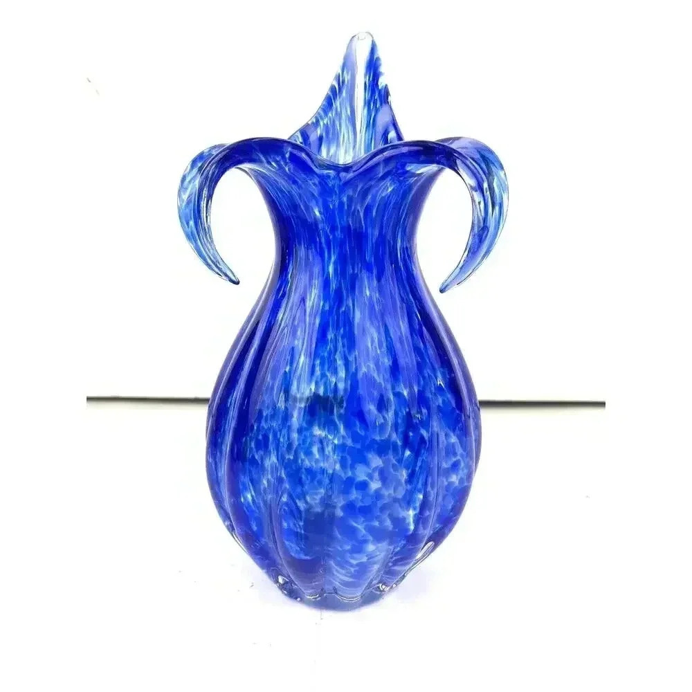 VTG Blue Murano Glass Vase Spotted Ribbed Vase 8.5" Tall Three Petal Floral MCM‎